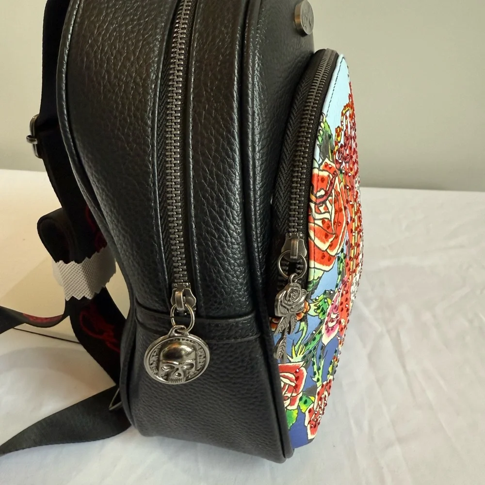 Ed Hardy Black Mini Backpack with Multicolor Graphic Roses - Picture 4 of 11